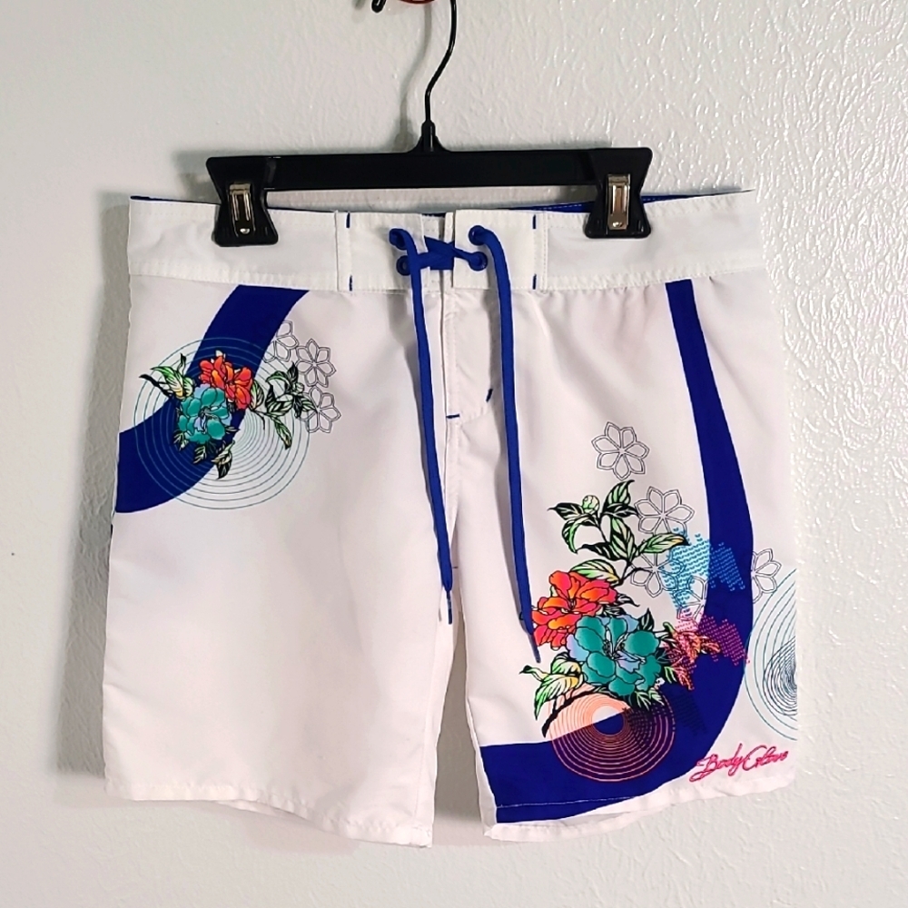 Body Glove White & Blue Swim Shorts with Colorful Flowers, Size S/P